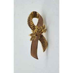 Avon Breast Cancer Awareness Brooch Pink Ribbon Fight Enamel Gold Tone Metal Pin
